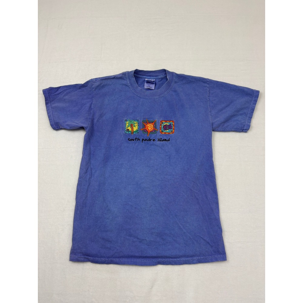 Gildan South Padre Island Blue Embroidered T-Shirt Mens Medium Cotton Souvenir
